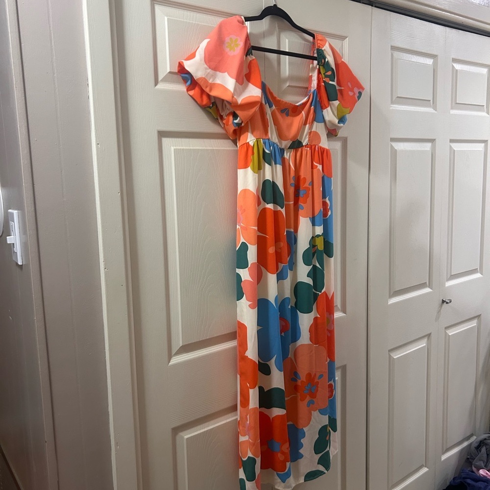 GeeGee Women Floral Puff Sleeve Smocked Back Maxi Dress Orange Blue Large